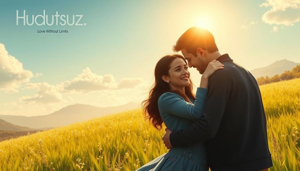 A breathtaking, cinematic illustration of the beloved Turkish TV series "Hudutsuz Sevda" (Love Without Limits). The scene depicts the two lead characters, Elif and Omer, in a serene, sun-dappled meadow, surrounded by lush greenery and a distant mountain range. The warm, golden lighting casts a romantic glow, while the characters' intimate embrace and longing expressions convey the deep, limitless love at the heart of the show's captivating narrative. The composition is balanced and visually striking, inviting the viewer to immerse themselves in the captivating world of "Hudutsuz Sevda."