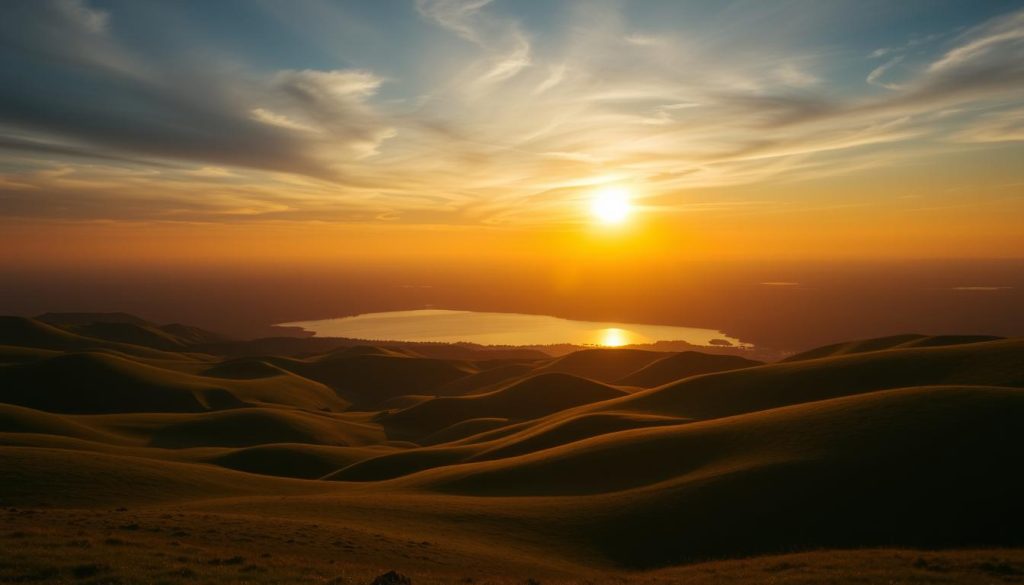 A breathtaking, cinematic scene of an endless horizon, with a captivating play of light and shadow. In the foreground, a tranquil expanse of rolling hills, their verdant slopes gently illuminated by the golden rays of the setting sun. In the middle ground, a serene lake reflects the warm hues of the sky, creating a mesmerizing mirror-like effect. The background fades into a vast, limitless expanse of sky, painted in a symphony of blues, purples, and fiery oranges, hinting at the boundless nature of the world. The overall atmosphere is one of serenity, wonder, and a sense of the infinite possibilities that lie beyond the horizon.