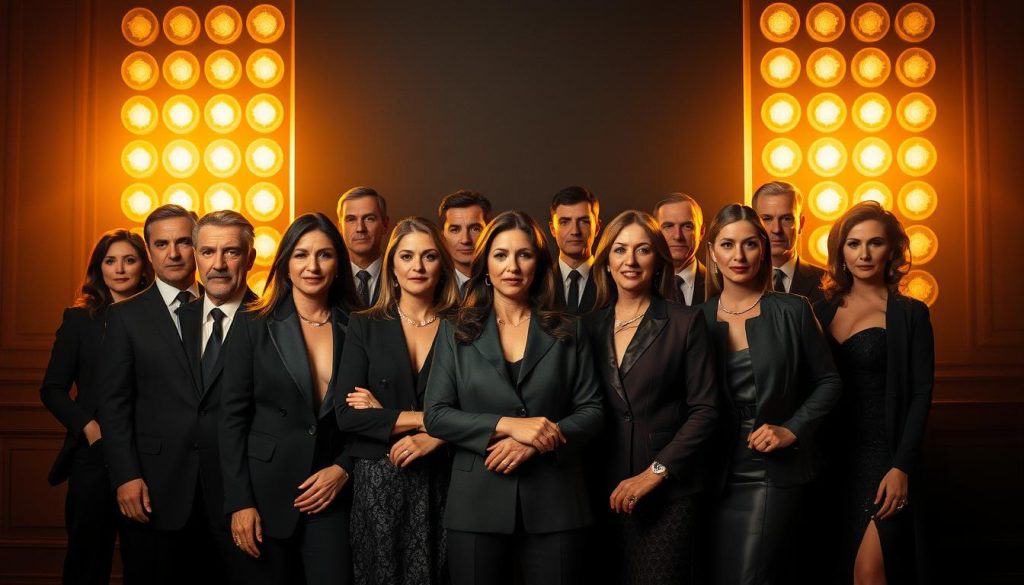 A captivating ensemble cast of renowned Turkish drama stars, dressed in chic, sophisticated attire, posed against a cinematic backdrop. Dramatic lighting casts warm, golden hues, accentuating their refined features and commanding presence. The composition is balanced, with the actors arranged in a visually appealing manner, conveying a sense of camaraderie and professionalism. The overall atmosphere is one of elegance, grandeur, and the anticipation of an impactful cinematic experience.