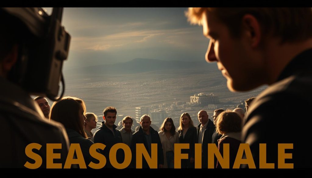 A dramatic, cinematic scene of a season finale unfolds. The camera angles capture a sense of grandeur and tension, with a mix of wide, establishing shots and tighter, more intimate perspectives. Bright, warm lighting illuminates the foreground, casting dramatic shadows and highlights. In the middle ground, a group of characters gather, their expressions intense and their body language suggesting a climactic moment. The background features an impressive, detailed cityscape or landscape, hinting at the wider world beyond the central action. The overall mood is one of high stakes, anticipation, and a feeling that the story is reaching a pivotal turning point. The composition and visual style evoke the cinematic quality of a season finale of a high-quality television drama. A dramatic, cinematic scene of a season finale unfolds. The camera angles capture a sense of grandeur and tension, with a mix of wide, establishing shots and tighter, more intimate perspectives. Bright, warm lighting illuminates the foreground, casting dramatic shadows and highlights. In the middle ground, a group of characters gather, their expressions intense and their body language suggesting a climactic moment. The background features an impressive, detailed cityscape or landscape, hinting at the wider world beyond the central action. The overall mood is one of high stakes, anticipation, and a feeling that the story is reaching a pivotal turning point. The composition and visual style evoke the cinematic quality of a season finale of a high-quality television drama.