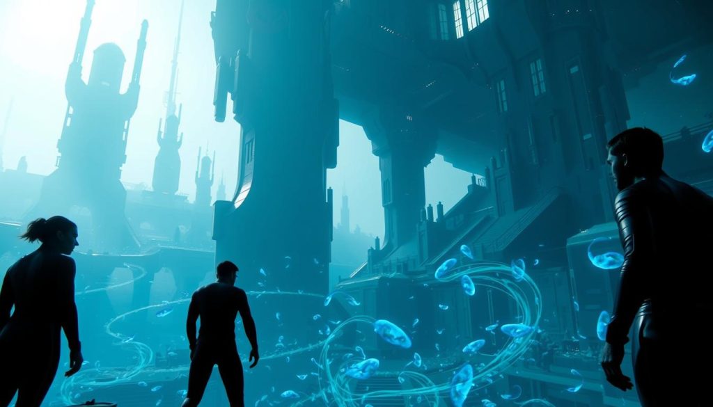 A dramatic sci-fi scene of the second season of the TV series "Surface". The camera is positioned low, capturing the towering, futuristic architecture of a sprawling underwater city bathed in an ethereal, aquamarine glow. In the foreground, a group of characters in sleek, form-fitting dive suits stand vigilant, their faces shrouded in shadows as they gaze out at the vast, alien expanse before them. Swirling currents of neon-tinged bioluminescent plankton drift lazily in the middle ground, adding an otherworldly, enchanting quality to the scene. The background fades into a hazy, dreamlike horizon, where the outlines of massive, enigmatic structures loom, hinting at the mysteries and wonders that lie in wait to be uncovered. A dramatic sci-fi scene of the second season of the TV series "Surface". The camera is positioned low, capturing the towering, futuristic architecture of a sprawling underwater city bathed in an ethereal, aquamarine glow. In the foreground, a group of characters in sleek, form-fitting dive suits stand vigilant, their faces shrouded in shadows as they gaze out at the vast, alien expanse before them. Swirling currents of neon-tinged bioluminescent plankton drift lazily in the middle ground, adding an otherworldly, enchanting quality to the scene. The background fades into a hazy, dreamlike horizon, where the outlines of massive, enigmatic structures loom, hinting at the mysteries and wonders that lie in wait to be uncovered.