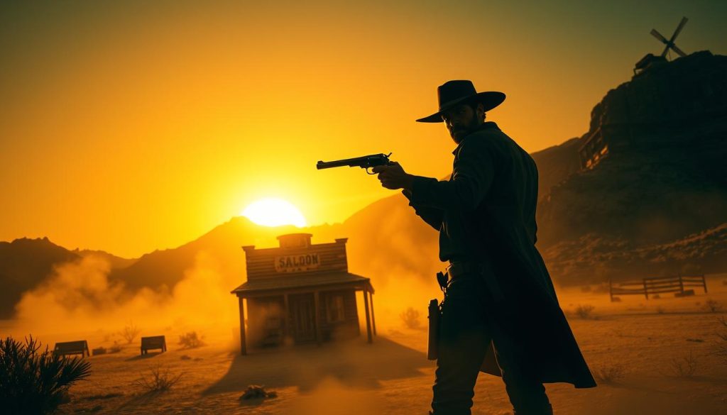 A gritty, atmospheric scene from the American Wild West. In the foreground, a lone gunslinger stands, six-shooter drawn, silhouetted against a vivid desert sunset. Dust swirls in the air, casting long shadows. In the middle ground, a weathered wooden building with a saloon sign creaks in the wind. Behind it, rugged mountains rise up, their peaks bathed in golden light. The lighting is dramatic, creating a sense of tension and danger. The composition is balanced, drawing the eye to the central figure. The mood is one of isolation, adventure, and the harsh realities of frontier life.