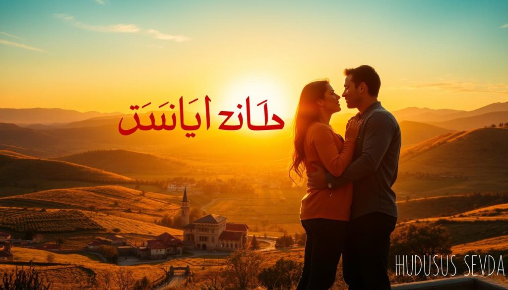 A lush, cinematic landscape depicting the title of the Turkish drama series "Hudutsuz Sevda" (Endless Love) in Arabic calligraphy. The scene features a warm, golden-hued sunset casting a romantic glow over a sprawling, picturesque countryside. In the foreground, a pair of lovers embrace passionately, their silhouettes backlit by the fading daylight. The middle ground showcases a quaint, traditional Turkish village, its charming architecture and winding streets framed by rolling hills and a tranquil, azure sky. The overall composition conveys a sense of timeless, boundless love, perfectly suited to illustrate the previous seasons of this captivating television series.