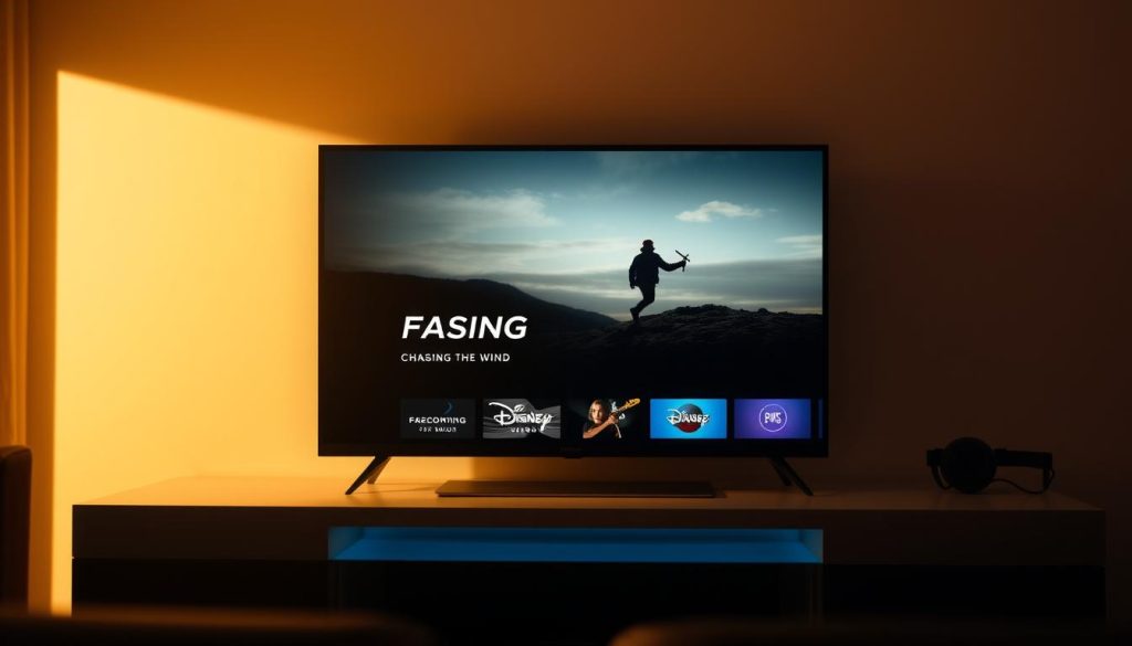 A sleek, modern user interface of the FALCON IPTV app showcasing a crisp, high-definition display of the film "Chasing the Wind" against a subtly blurred background. The app's logo and branding elements are prominently featured, conveying a sense of premium quality and seamless streaming experience. The scene is illuminated by warm, directional lighting, casting soft shadows and highlights that add depth and volume to the composition. The overall mood is one of sophistication, technological prowess, and cinematic immersion, inviting the viewer to imagine the quality of the viewing experience on the FALCON IPTV platform.