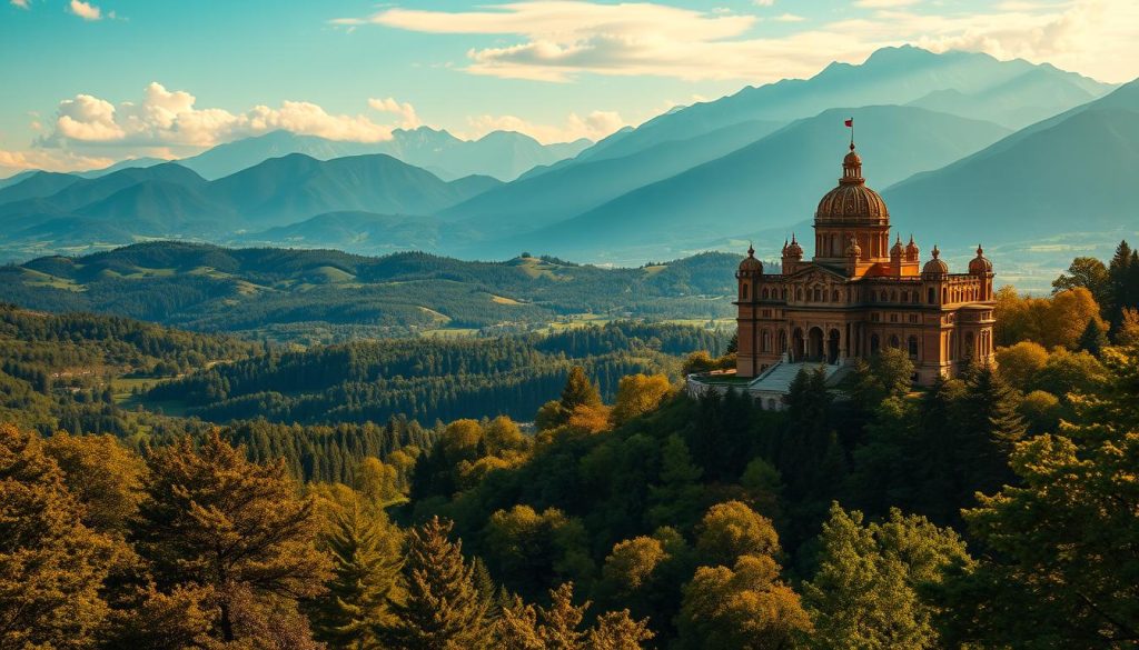 A sweeping, cinematic landscape depicting the vibrant world of the Turkish drama "Hudutsuz Sevda" (Endless Love). In the foreground, a grand, ornate palace or manor house stands tall, its intricate architectural details illuminated by warm, golden lighting. In the middle ground, lush, rolling hills and dense forests stretch out, hinting at the vast, unexplored territories the characters may venture into. The background is dominated by a stunning, mountainous skyline, its peaks reaching towards the heavens, creating a sense of scale and mystery. The overall atmosphere is one of grandeur, adventure, and the boundless possibilities that lie ahead for the characters in the upcoming episodes of this captivating series.