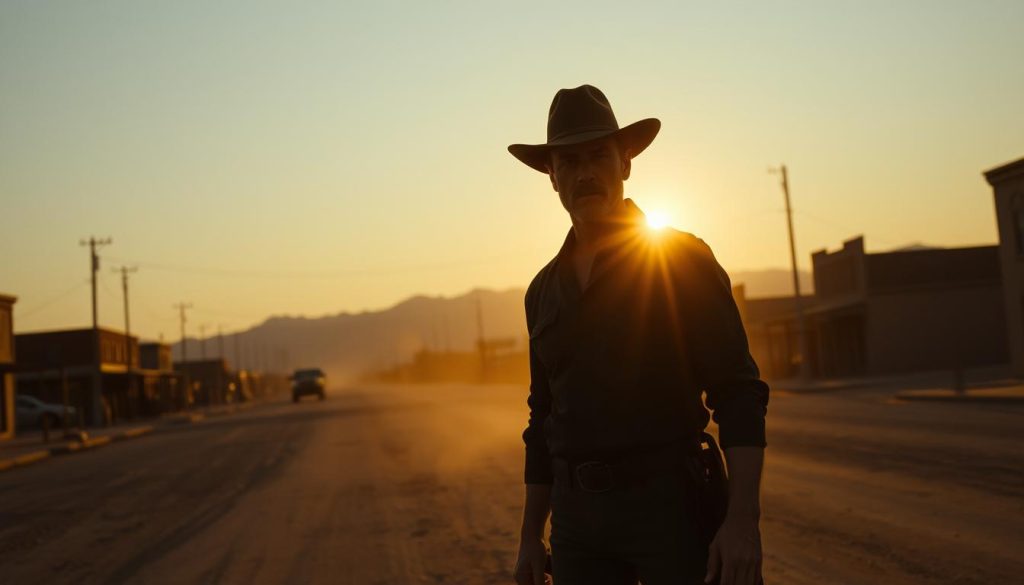 A sweeping, cinematic shot of a gritty western landscape at dusk. In the foreground, a lone gunslinger stands in the middle of a dusty street, his hand hovering near the holster at his hip. The setting sun casts a warm, golden glow over the scene, illuminating the weathered features of the gunslinger's face. Behind him, the silhouettes of buildings and distant mountains rise up against the dusky sky. The atmosphere is tense, filled with a sense of impending action and danger. The overall mood is one of stoic determination and the quiet calm before the storm.