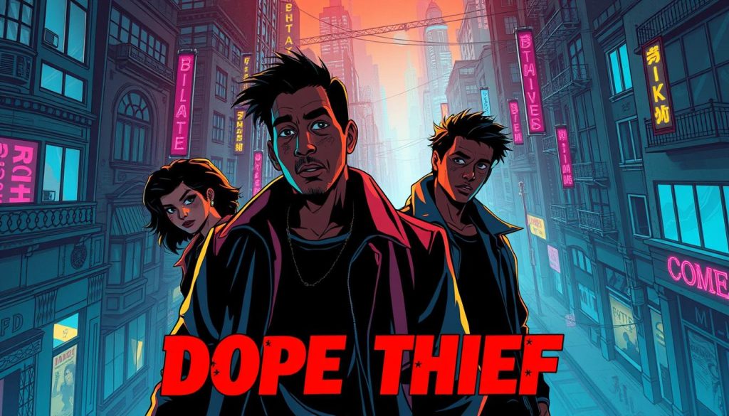 A vibrant and dynamic illustration of the narrative development in the first season of the Dope Thief series. A gritty city landscape sets the stage, with intricate urban architecture and neon-lit streets. In the foreground, the central characters are depicted in a tense moment, their expressions and body language conveying the escalating drama and high stakes of the storyline. Shadows and highlights create a cinematic, noir-inspired atmosphere, while subtle visual cues hint at the twists and turns to come. The overall composition balances realism and stylized elements, drawing the viewer into the captivating world of the series.