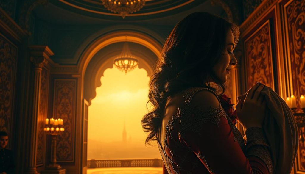 A vibrant and immersive scene depicting the drama and emotion of the popular TV series "Hudutsuz Sevda" (Boundless Love). In the foreground, a captivating close-up of the lead characters locked in a passionate embrace, their faces filled with longing and intensity. The middle ground showcases the rich, ornate interiors of a grand Turkish palace, with intricate patterns, warm lighting, and a sense of opulence. In the background, a hazy, dreamlike cityscape of Istanbul silhouetted against a golden sunset sky, hinting at the sweeping romance and grand scale of the narrative. Cinematic angles, deep shadows, and a moody, cinematic color palette evoke the high-stakes drama and emotional turmoil of the gripping episode.