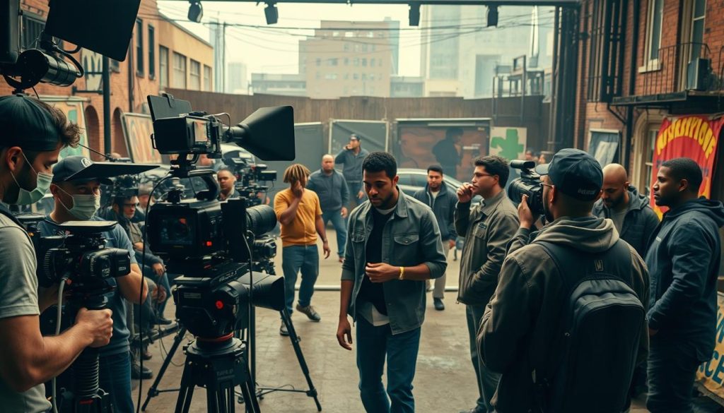 A visually captivating scene of the production process behind the hit series "Dope Thief". In the foreground, a film crew meticulously arranges lighting equipment, cameras, and microphones, their faces etched with concentration. In the middle ground, the lead actors rehearse their lines, immersed in the gritty world of the show. The background reveals the elaborate set design, with realistic urban backdrops and props that transport the viewer into the heart of the narrative. The overall atmosphere is one of intense focus and cinematic flair, capturing the dedication and artistry that goes into crafting this gripping television drama.