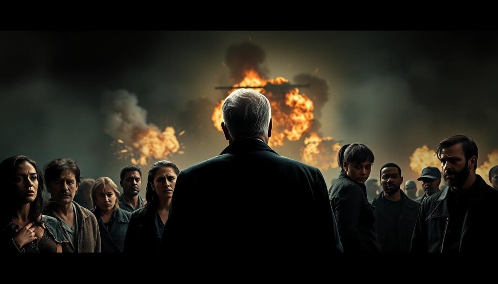 High-contrast cinematic scene of pivotal events from the first season of the TV series "The Pitt". The foreground depicts a group of characters gathered around a central figure, their faces etched with intense emotions - fear, determination, despair. The middle ground showcases a dramatic action sequence, with explosions, gunfire, and chaos unfolding. The background is shrouded in a moody, atmospheric haze, hinting at the larger stakes and consequences at play. Dramatic chiaroscuro lighting casts striking shadows, heightening the sense of tension and high-stakes drama. The overall composition conveys the weight and significance of the narrative events being depicted. High-contrast cinematic scene of pivotal events from the first season of the TV series "The Pitt". The foreground depicts a group of characters gathered around a central figure, their faces etched with intense emotions - fear, determination, despair. The middle ground showcases a dramatic action sequence, with explosions, gunfire, and chaos unfolding. The background is shrouded in a moody, atmospheric haze, hinting at the larger stakes and consequences at play. Dramatic chiaroscuro lighting casts striking shadows, heightening the sense of tension and high-stakes drama. The overall composition conveys the weight and significance of the narrative events being depicted.