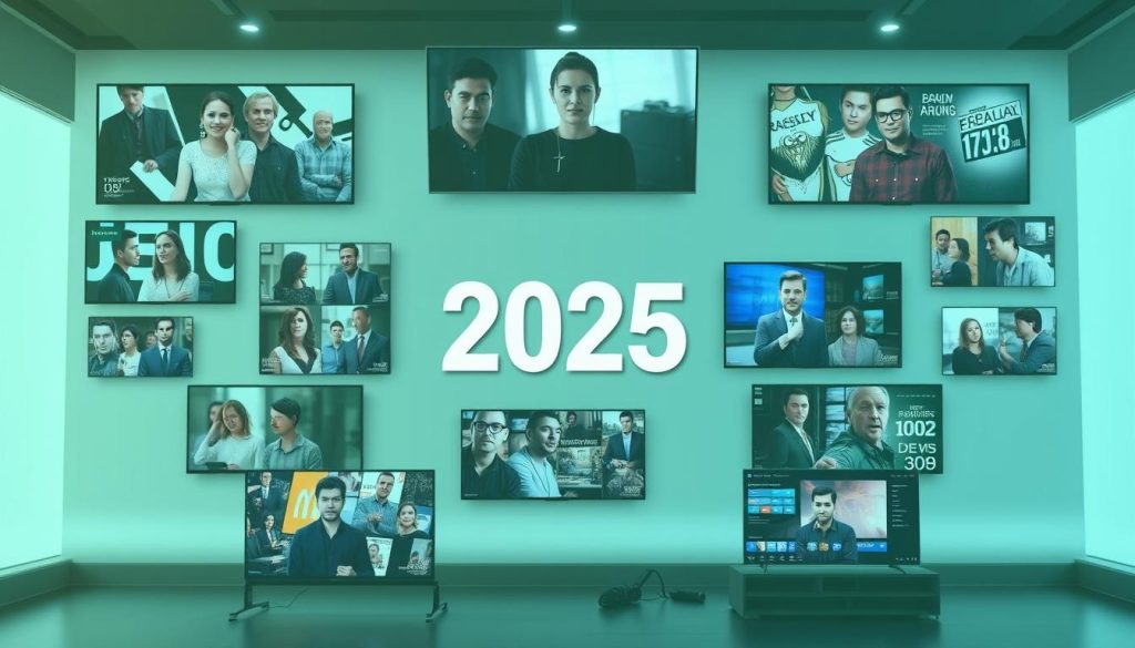 مشهد يجمع مختلف أنواع البرامج التلفزيونية المتوقعة في 2025 مشهد يجمع مختلف أنواع البرامج التلفزيونية المتوقعة في 2025