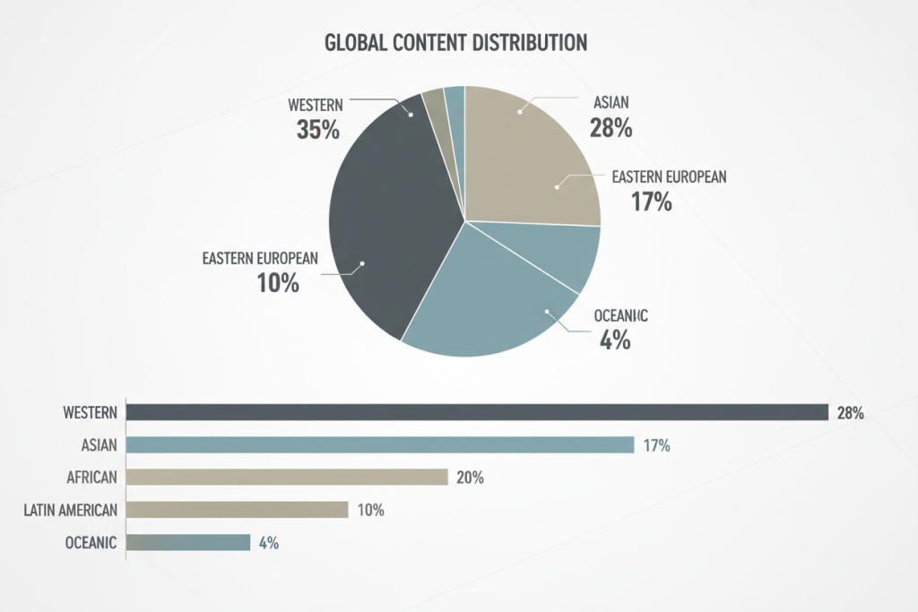 رسم بياني يوضح توزيع المحتوى في أضخم مكتبة أفلام إباحية للبالغين حسب المناطق الجغرافية
