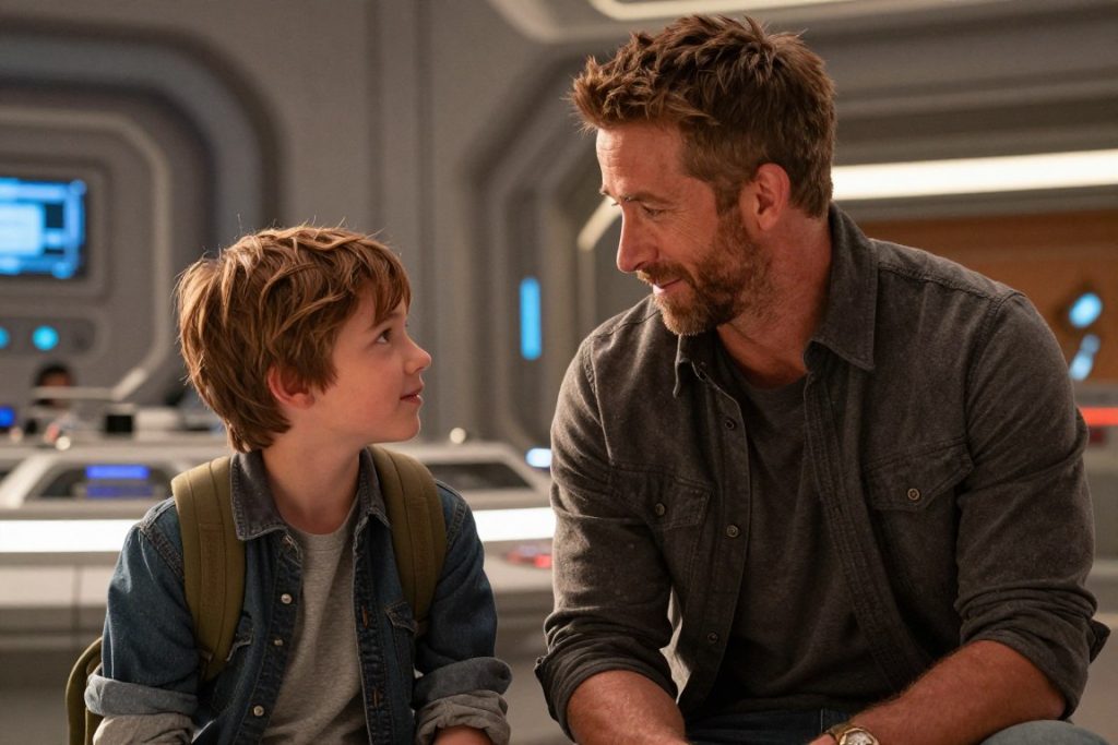 ريان رينولدز مع الطفل ووكر سكوبيل في فيلم The Adam Project