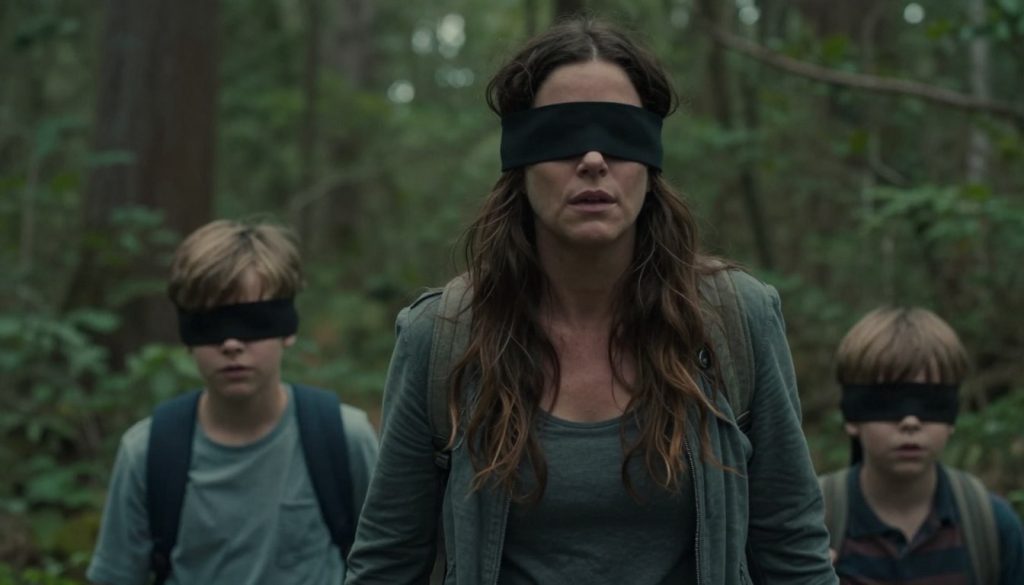 ساندرا بولوك في مشهد من فيلم Bird Box وهي معصوبة العينين