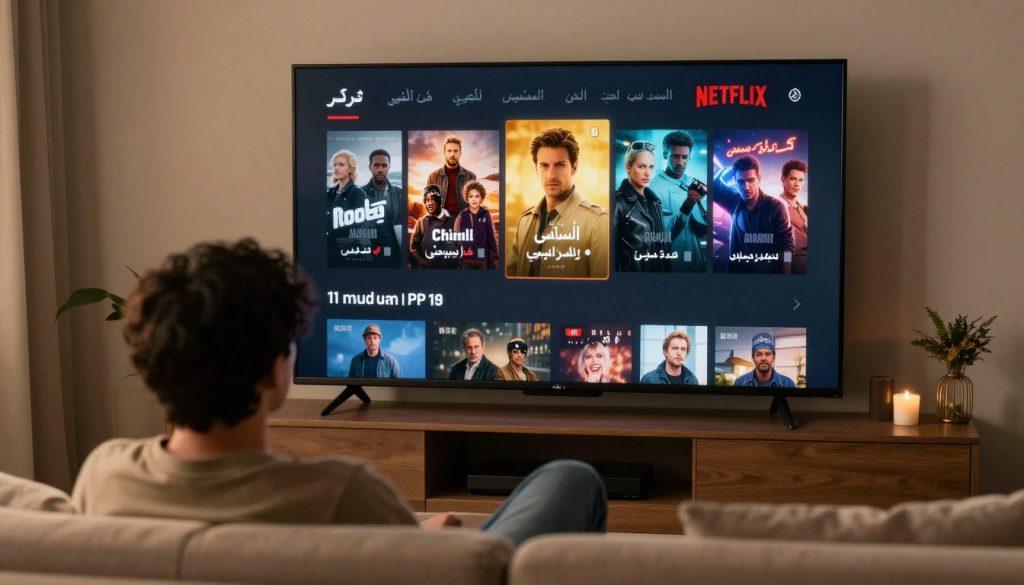شخص يشاهد نتفلكس على التلفاز مع قائمة الأفلام الأكثر مشاهدة