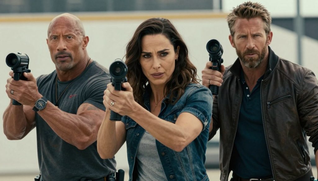 مشهد من فيلم Red Notice مع الممثلين دواين جونسون وريان رينولدز وغال غادوت